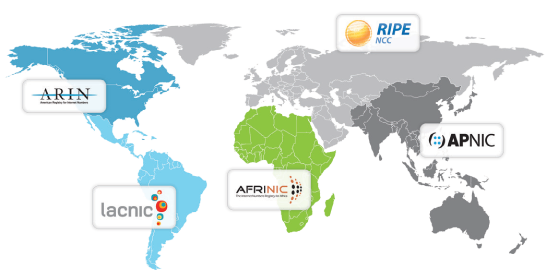 Mapa del mundo con logos de ARIN, LACNIC, AFRINIC, RIPE y APNIC.